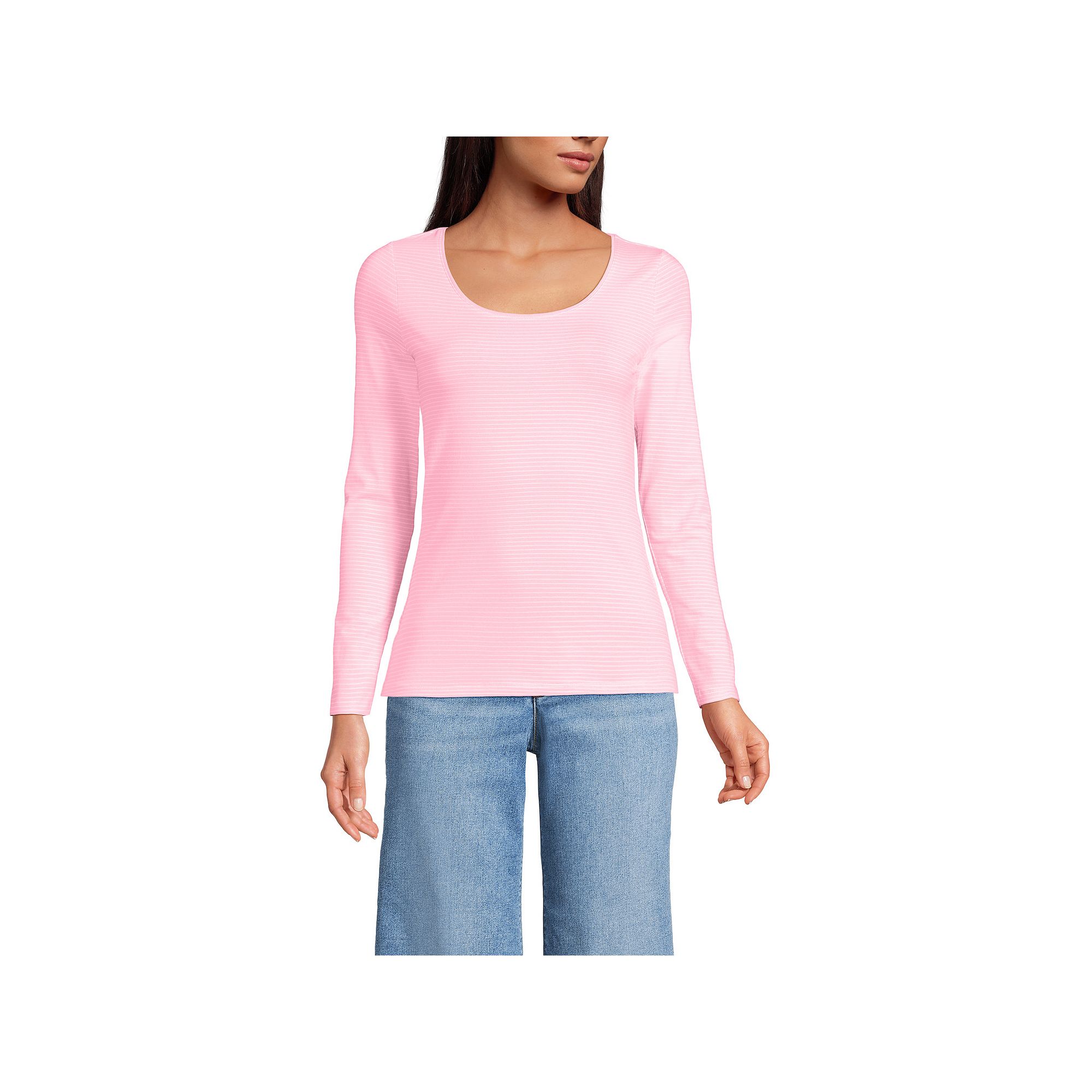 Womens Lands End Lightweight Scoopneck Long-Sleeve Tee, Size: Large, Rose