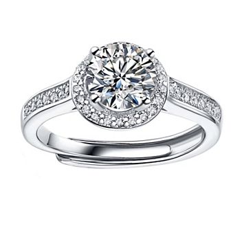 Stella Valentino Sterling Silver Lab-Created Moissanite Halo Pave Engagement Ring