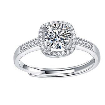 Stella Valentino Sterling Silver Princess Lab-Created Moissanite Halo Engagement Ring