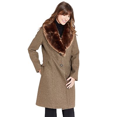 Women's Nine West Faux Fur Collar Button Front Coat