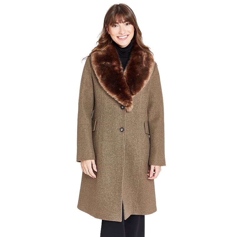 A woman wearing a brown coat with a faux fur collar