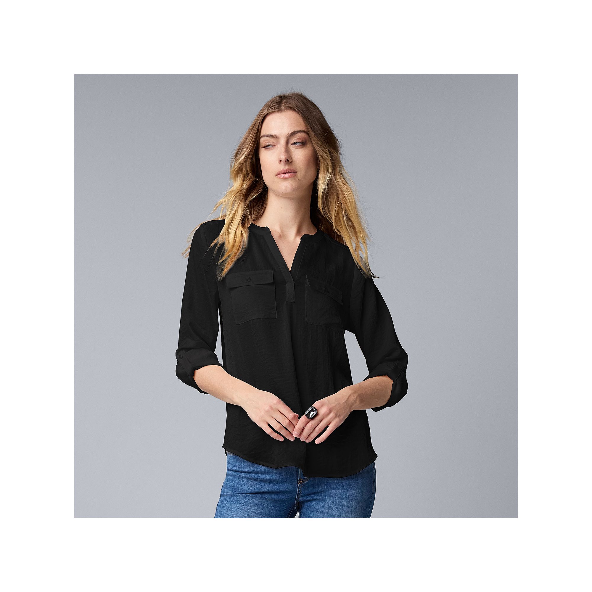 Womens Simply Vera Vera Wang Roll-Tab Popover Blouse, Size: XS, Black