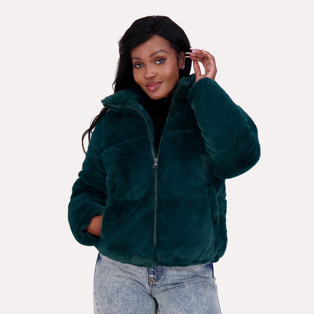 Madden Girl Junior's Hooded Faux Fur Trim Puffer Coat Green Size Small