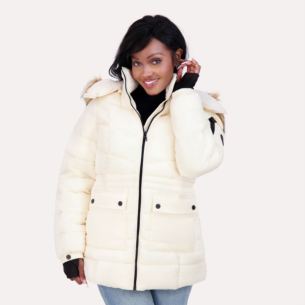 Madden Girl Junior's Faux-Fur-Trim Hooded Puffer Coat Gray Size Small