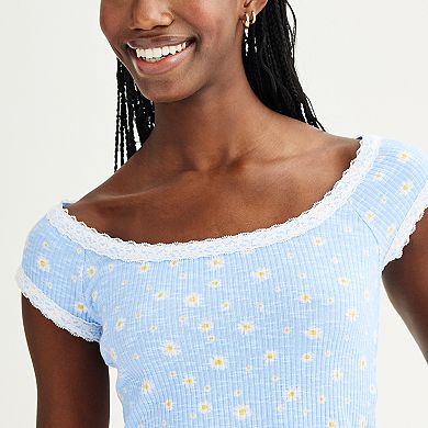 Juniors' Sugar Moon Nya Lace Trim Tee