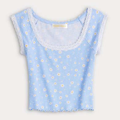 Juniors' Sugar Moon Nya Lace Trim Tee