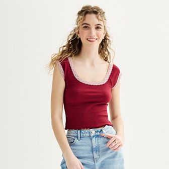 Juniors' Sugar Moon Nya Lace Trim Tee