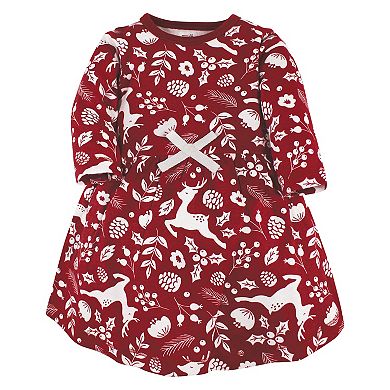 Touched By Nature Infant And Toddler Girl Organic Cotton Long-sleeve Dresses, Red Winter Folk