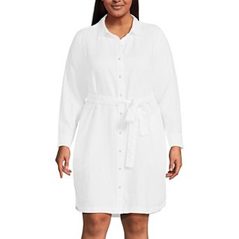 Plus Size Lands' End Linen Long Sleeve Button-Front Midi Shirt Dress