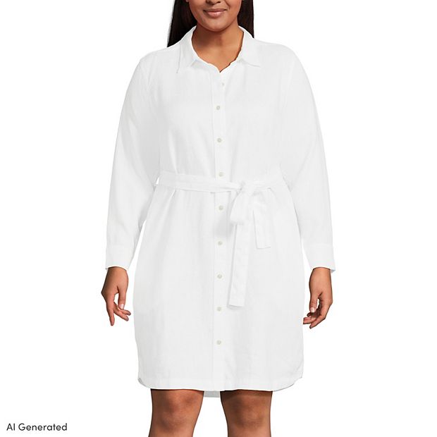 Plus Size Lands' End Linen Long Sleeve Button-Front Midi Shirt Dress