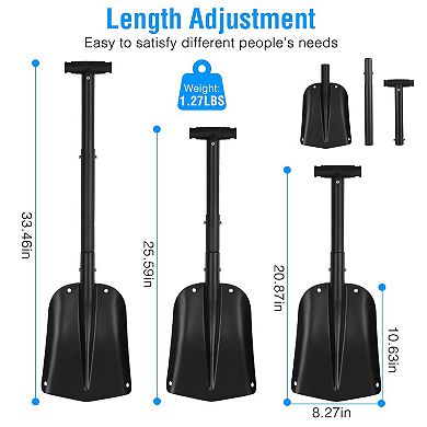 Black, Collapsible Aluminum Snow Shovel With Adjustable Length