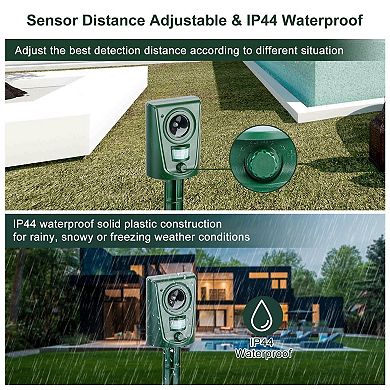 Ultrasonic Animal Repeller - Green - Ip44 Waterproof, Motion Sensor Deterrent, Flashing Led Light