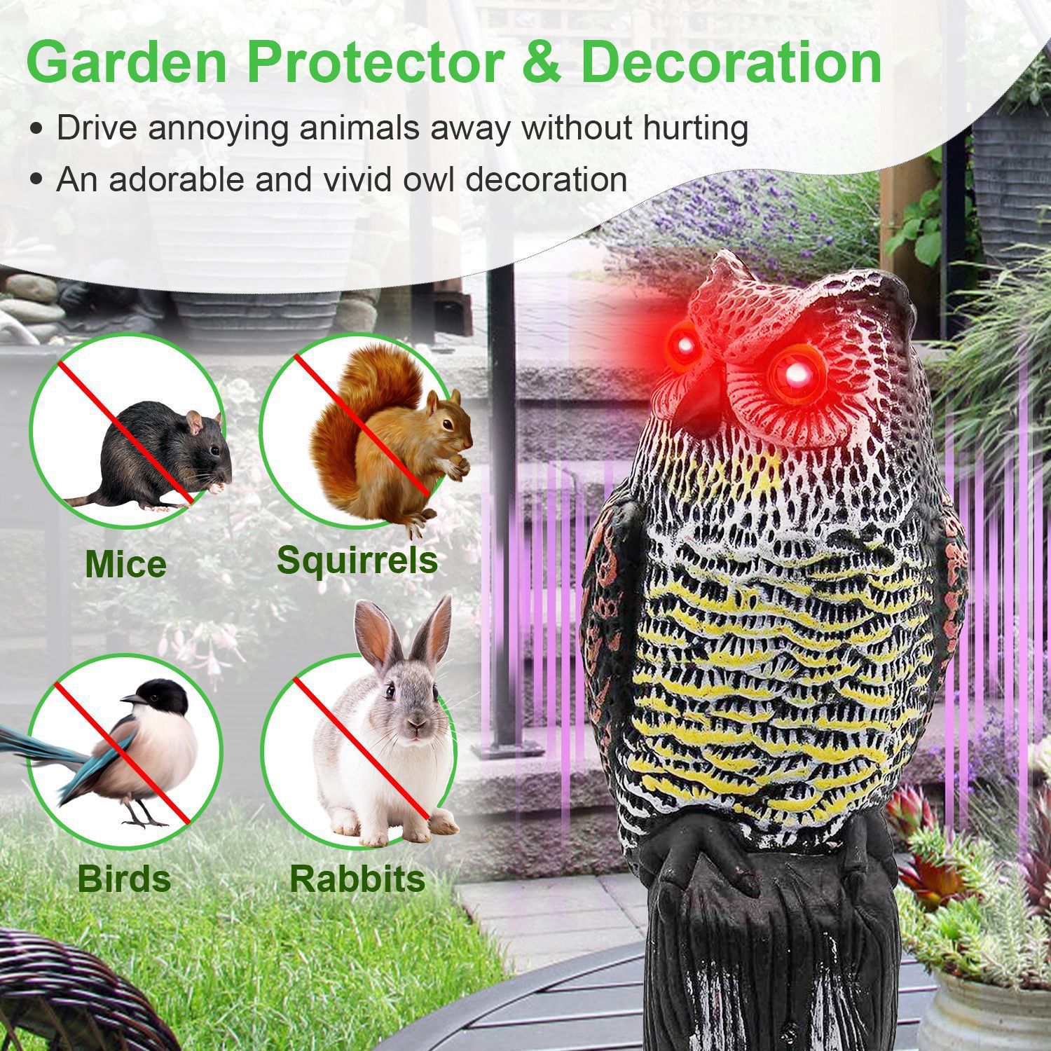 Owlsome Red Solar Owl With Flashing Eyes, Rotating Head, Hoot Sound, Motion Detector And Silent Mode, Plastic Owl Garden Sculpture, Garden Decoration