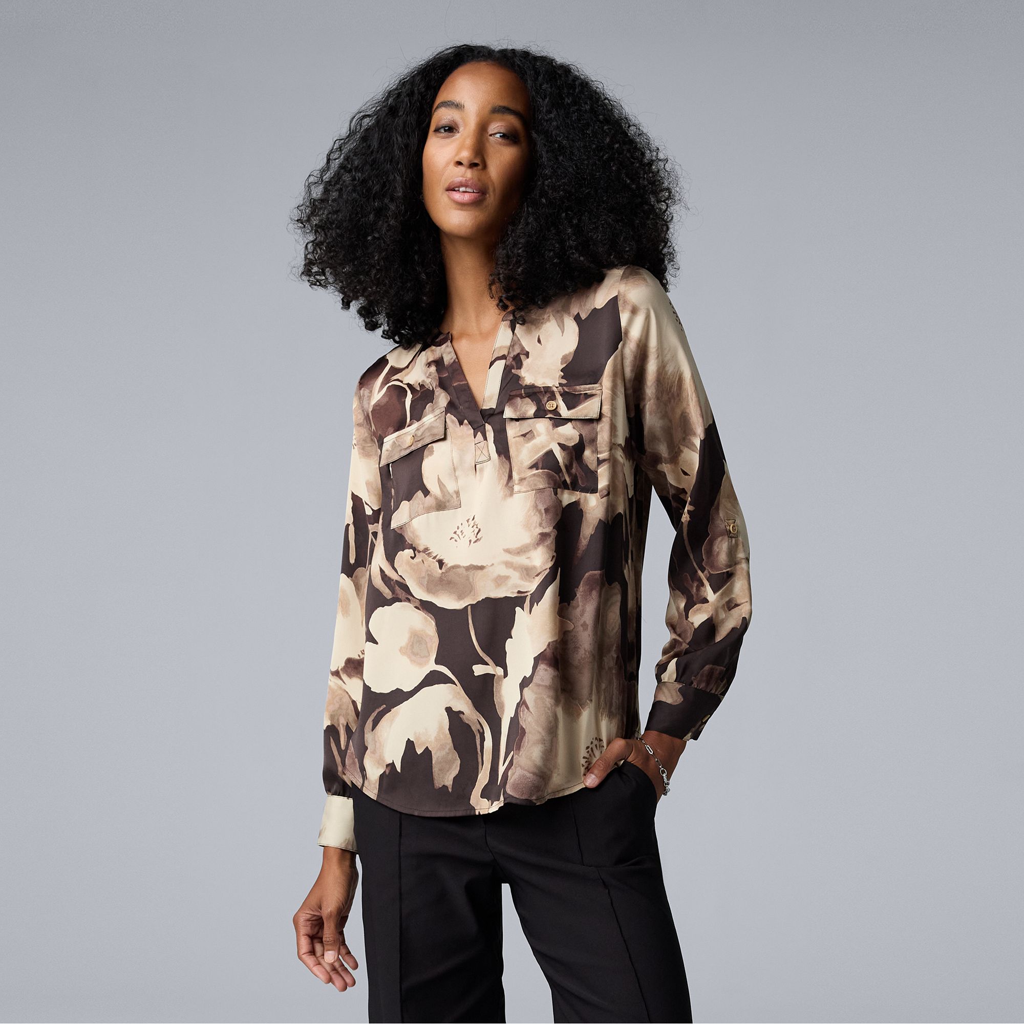Petite Simply Vera Vera Wang Pockets Roll Tab Popover Blouse, Womens, Size