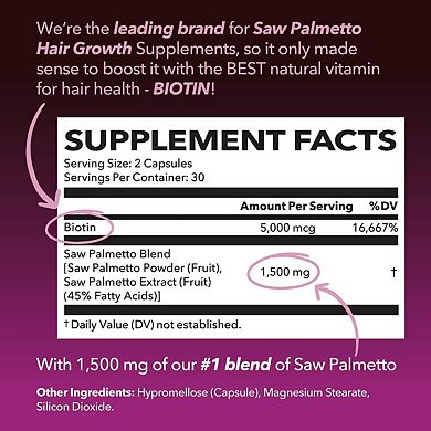 Saw Palmetto + Biotin For Women's Hair Growth - 60ct