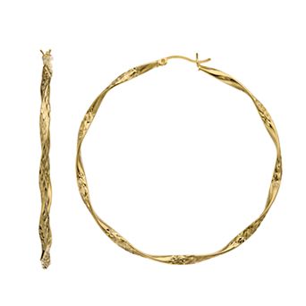 14k Gold Vermeil Twisted Diamond Cut Round Hoop Earrings