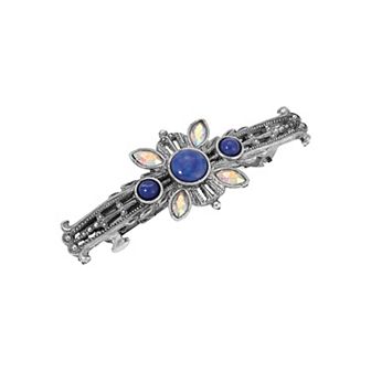 1928 Silver Tone Blue & Clear Glass Stone Hair Barrette