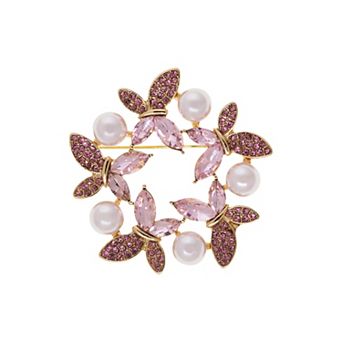 1928 Gold Tone Crystal & Simulated Pearl Round Butterfly Pin