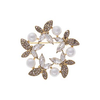 1928 Gold Tone Crystal & Simulated Pearl Round Butterfly Pin