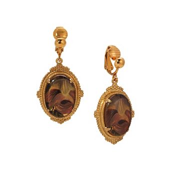 1928 Gold-Tone Floral Oval Clip-On Drop Earrings
