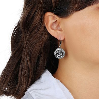 1928 Silver Tone Round Glass Stone Leverback Earrings