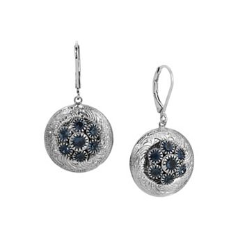 1928 Silver Tone Round Glass Stone Leverback Earrings