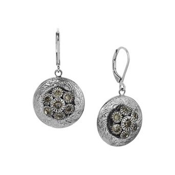 1928 Silver Tone Round Glass Stone Leverback Earrings