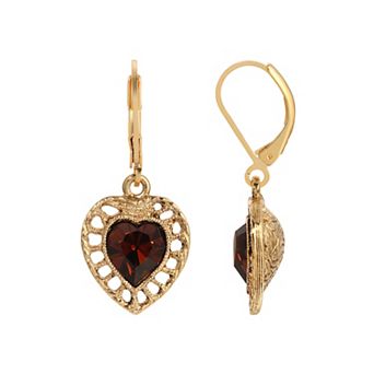 1928 Gold Tone Filigree Color Stone Heart Drop Earrings