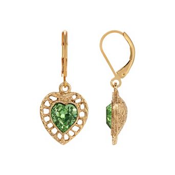 1928 Gold Tone Filigree Color Stone Heart Drop Earrings