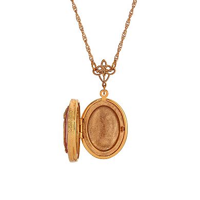 1928 14k Gold Tone Pink Enamel Oval Cat Locket Necklace