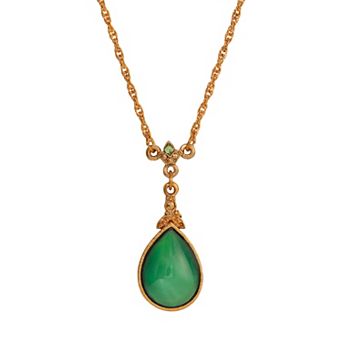 1928 14k Gold Tone Green Moonstone Glass Teardrop Pendant Necklace