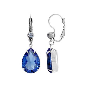 1928 Silver Tone Blue Glass Teardrop Leverback Earrings