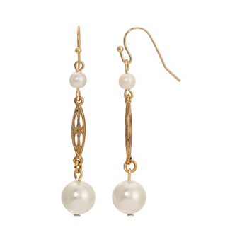 1928 Gold Tone Faux Pearl & Filigree Drop Wire Earrings