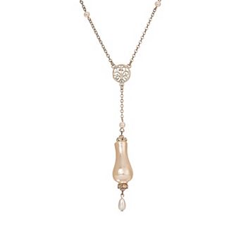 1928 Silver Tone Faux Pearls Drop Necklace