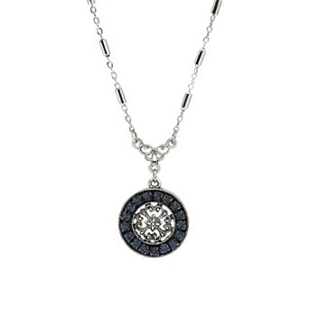 1928 Silver Tone Round Filigree Blue Crystal Pendant Necklace