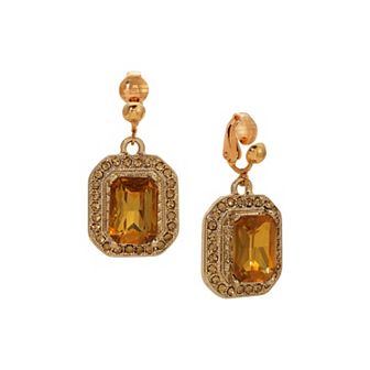 1928 Gold Tone Colorado Topaz Glass Octagon Clip-On Earrings