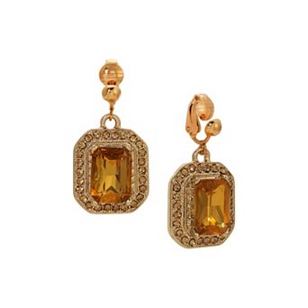 1928 Gold Tone Colorado Topaz Glass Octagon Clip-On Earrings
