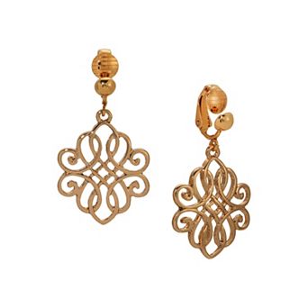 1928 Gold Tone Filigree Drop Clip Earrings