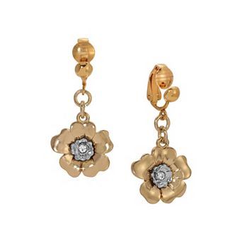 1928 Two Tone Crystal Flower Drop Clip Earrings