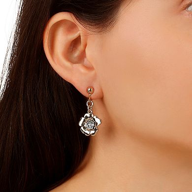 1928 Two Tone Crystal Flower Drop Clip Earrings
