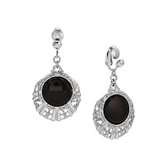 1928 Silver Tone Black Round Textured Drop Clip Earrings