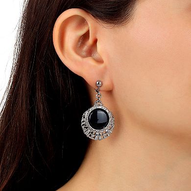 1928 Silver Tone Black Round Textured Drop Clip Earrings