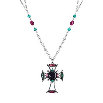 1928 Silver Tone Green Purple Stone Cross Pendant Necklace