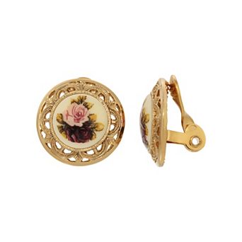 1928 Gold Tone Rose Round Clip On Earrings