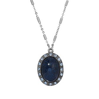 1928 Silver Tone Blue Oval Pendant Necklace