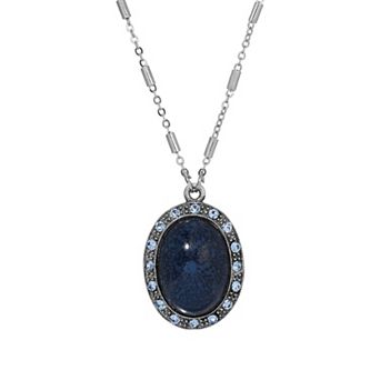 1928 Silver Tone Blue Oval Pendant Necklace
