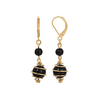 1928 Gold Tone Black Orbital Bead Leverback Earrings