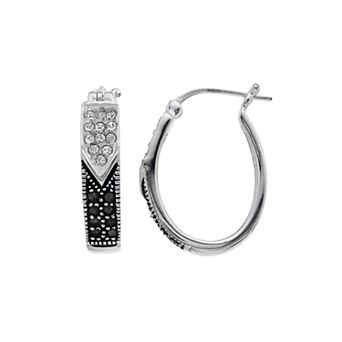Tori Hill Sterling Silver Marcasite & Crystal Oval Hoop Earrings