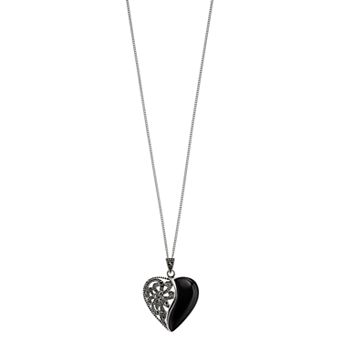Tori Hill Sterling Silver Marcasite & Onyx Heart Pendant Necklace