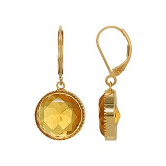 1928 Gold Tone Round Topaz Glass Earrings